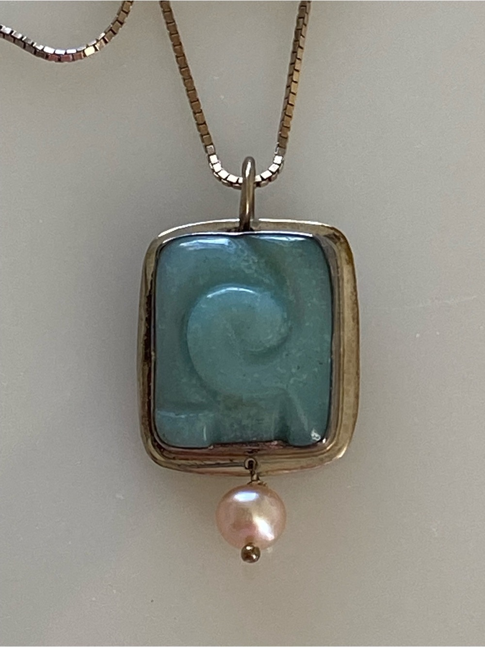 Carved Amazonite & Pearl Necklace with Sterling Chain
